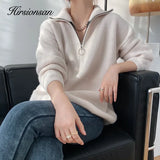 Zipper Turn-down Collar Autumn Sweaters Women Cashmere Soft Loose Solid Female Knited Pullovers 2021new Thick