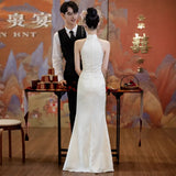 Chinese Champagne-Colored Engagement Cheongsam Toast Bridal Fishtail Dress Beautiful Registration Certificate Wedding