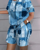 O-neck Patchwork T Shirt Two Piece Set Casual Loose Print Tshirt Short Set Women 2023 White Pockets Shorts Suits-Outfit