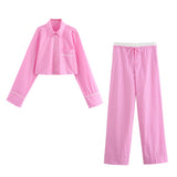 New Rolled-Edged Poplin Shirt Rolling-Edged Pajamas Style Pants Set-Outfit