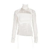 Tie Dye Colorblock Loose Shirt For Women Turtleneck Long Sleeve Ruched Pullover Blouses Female Fashion Clothing