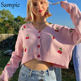 Fashion Women V Neck Knitted Embroidery Pullovers Sweater Tops Sexy Casual Cute White Pink Cropped Sweater Jumper