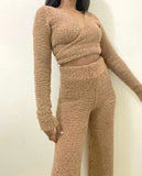 Casual Khaki Fleece V-neck Long Sleeve Crop Top and Wide-legged Pants 2 Piece