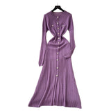Small Fragrant High-Grade Metal Buckle Waist Dress Women 2025 Autumn Thin Temperament Hollow Knitted Long