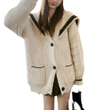 New Autumn And Winter Navy Neck Sweater Cardigan Female Fashion Style Loose Lazy Breeze Thickened Knitted Coat-Outfit
