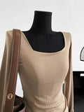 square-neck t-shirt women's slim-fit exposed collarbone low-neck short top bottoming shirt-Outfit