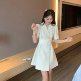 Solid Belt Dress Women Spring Autumn Notched Long Sleeve Office Ladies Blazer Dress Female Long A-Line Black Dress-Outfit
