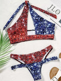 Flag Glitter Halter Hollow Out Bikini Set Women Push Up Swimwear Summer BeachWear Halter Bikini Bathing