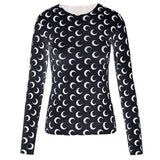Sexy Thin Tight-fitting Fashion Moon Print Long Sleeves T-shirt 2022New Spring Summer Female Ice Silk Sunscreen