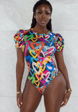 Printed Sexy O-Neck Puffed Short Sleeves