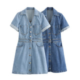 Spring Denim Waist Short-Sleeved Mini Dress 1879038-Outfit