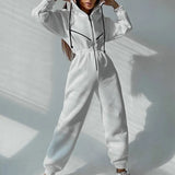 Women Basic Hoodie Two Piece Sets Zipper Drawstring Jacket Outerwear And Elastic Pencil Pant Suit Autumn Winter