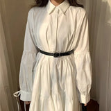 Women Dress Long Sleeve Spring Autumn Vintage Designer Collar Lapel Button Up Ruched Ruffles Cotton White Dresses Female