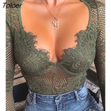 Spring Autumn Women Fashion Elegant Solid Fit Sexy Bodysuits Eyelash Lace Hollow Out Bodysuit Mesh Bodysuit