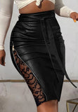 Black Leather Lace Patch Zipper High Waist Knee-Length