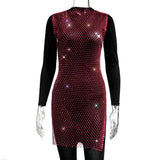 Toloer Women's Mesh Flash Diamond Round Collar Dress