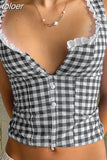 Gingham Crop Tops Summer Y2k Clothes Women Lace Trim Button Up Square Neck Backless Tank Top Cute Girls 425-1-Outfit