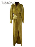 Vintage Yellow Dress For Women Lapel Long Sleeve High Waist Ruched Solid Midi Dresses Female Spring Clothing