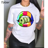 Fashion Short Sleeve Cartoon Letter Print Tshirt Casual Street Women Summer Cothing Tee