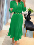 Black Ankle Length Dresses Women V Neck Long Sleeve Loose Elegant Office Lady Fold Dresses Women Autumn New-Outfit
