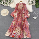 Quality Light Extravagant Lantern Long Sleeved Round Collar Waist Slim Single Breasted Printed Dress Elegant Long Skirt-Outfit