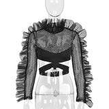 Mesh Solid Long Sleeves Hollow Out Patchwork See Through Crop Top T Shirt Summer Women Sexy Evening Party