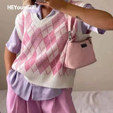 Sleeveless V Neck Vintage Argyle Sweater Vest Casual Loose Pink Knit Crop Top Pullovers Preppy Style Autumn