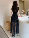 Woman Dress Sleeveless Bandage Bow Mesh Patchwork Layered 2024 Summer Elegant Dresses Party Ladies Black Temperament-Outfit