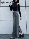 Retro Classic All-Match Vitality Casual Commuter Outing Tight Sexy White Irregular Women'S Long Denim Skirt Girl Cool-Outfit