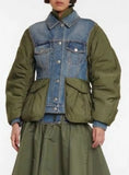 Casual Denim Patch Ruched Long Sleeve Padded