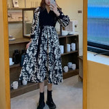 Two Pieces Broken Flowers Patchwork Dresses Female Clothing Elegant V-Neck Spring Autumn Fashion Drawstring Bow Midi