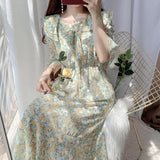 Women Elegant Ins Print Summer Chiffon Preppy Style Sweet Peter Pan Collar Lace-up Lightweight Soft Female Party