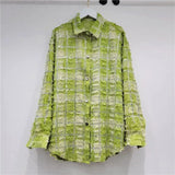 Women's Denim Shirt Loose Patchwork Burrs Edge Distressed Checkered Single Breasted Diamond Blouse 2024 Summer New Fashion-Outfit