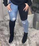 Sexy Blue and Black Contrast Ripped High Waist
