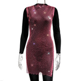 Toloer Women's Mesh Flash Diamond Round Collar Dress