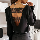 Back V-shaped Hollow Lace Stitching Pullover White Blouse Fashion Sexy V-neck Autumn and Winter Long-sleeved Shirt