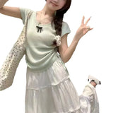 Round-Neck Short-Sleeved Sweater Women's Summer Korean Sweater Sweet Gentle Sweater Pull Rope Wrinkle Slim Bm Blouse-Outfit