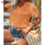 Lace Shirts Women Summer Puff Sleeve Tops Vintage Elegant Pullover White Blouse Women Fashion V-neck Solid Shirt
