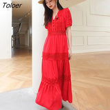 Lace Elegant Women's Dress Spring Hollow Button V Neck Lantern Sleeve White Long Dresses Boho Casual Holiday