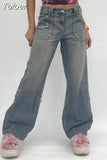Khaki Wide Leg Cargo Jeans High Waist Big Pockets Baggy Denim Trousers Casual Oversized Pants Street Sweatpants
