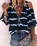 Loose Zipper Print Shirt Blouse Women Spring Summer Fashion V-neck Lantern Sleeve Shirts For Women Sexy Off Shoulder Top-Outfit
