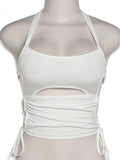 Sexy Backless Summer Crop Top Women Hollow Out 2023 White Sleeveless Bandage Halter Tank Tops Streetwear Cami 90s-Outfit