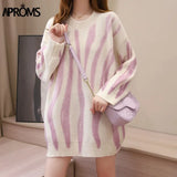 Aproms Elegant Green Striped Print Oversized Pullovers Women Winter O-Neck Loose Long Sweaters Streetwear Warm Outerwear