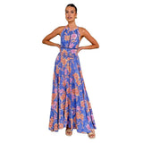 New Printed Hanging Neck Beach Bohemian Wind High Waist-Dew Broken Flower Dress Women's