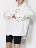 Ruffle Trim Chic Blouse For Women Turtleneck Bell Sleeve Casual Patchwork Button Shirt Female Fashion New