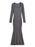 Sexy Square Collar Knitted Cotton Maxi Long Mermaid Dress Women Full Sleeve Stretch Basic Bodycon Fishtail Robe Vestido-Outfit