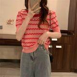 Ice Silk Striped Knitted Short-Sleeved T-Shirt For Women's 2025 Summer New High-Waisted Loose Bubble Sleeve Short