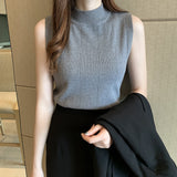 2021 Sleeveless Summer Blouse Women Korean Knit Elastic Casual Clothes Solid Turtleneck Fashion Ladies Tops Blusas 8623