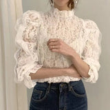 Style Stand Collar Lace Mesh Blouse Women New Long Sleeve Elegant Fashion Lady Solid Tops Sweet Clothing Blusas