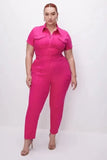Down Collar One Piece Women Solid Short Sleeve Tight High Waist Overalls Slim Fit Casual Rompers 2023 Long Pants Jumpsuits-Outfit